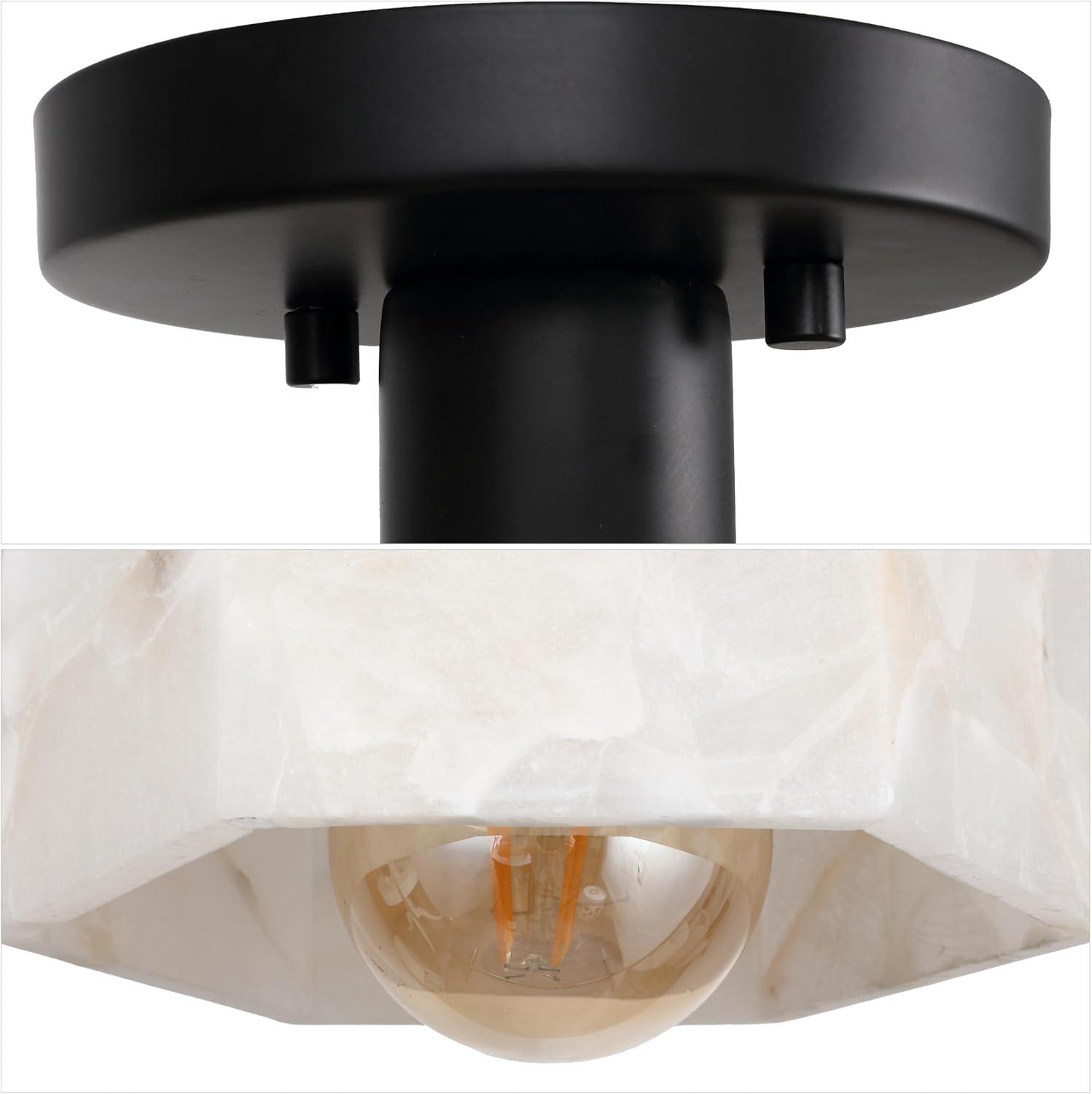 image:imageJONATHAN Y 8 White MarblingBlack Modern 1Light Hexagonal LED Semi Flush Mount Ceiling Light White Alabaster Marble Shade Glam Lamp for Hallway Bedroom Bathroom LED Bulb Included JYL1204BBlack with White Alabaster Shade