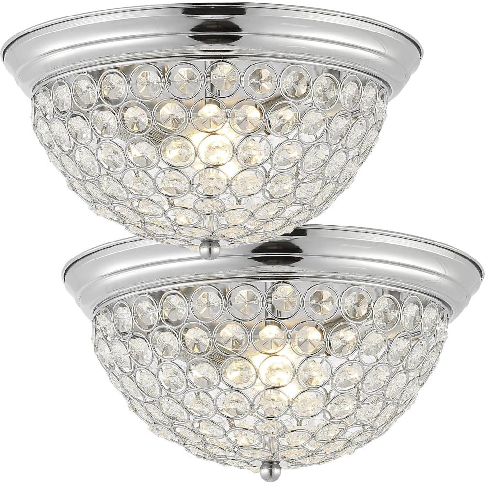 image:imageJONATHAN Y 12 Chrome 1Light Iron and Crystal Flush Mount Ceiling Light Set of 2 Glam Traditional Shimmering Dome Lamp for Hallway Bedroom Bathroom LED Bulbs Included JYL9901ASET2