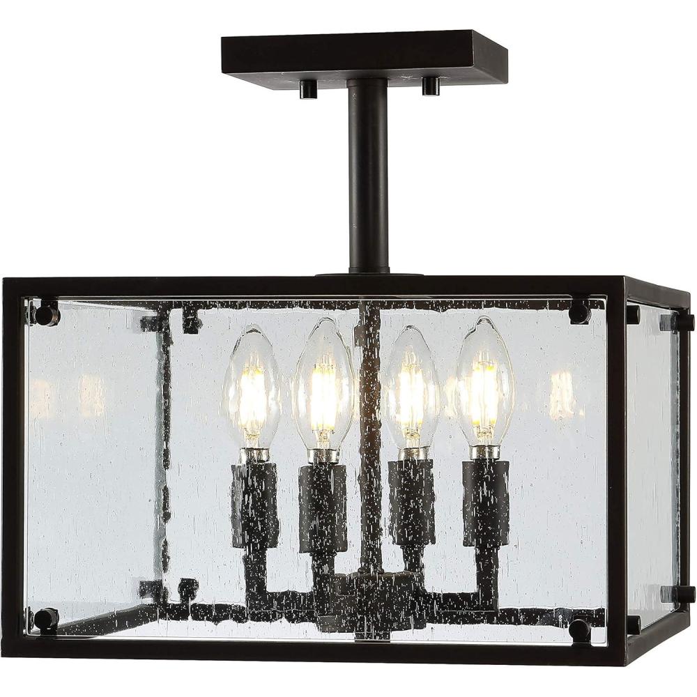 image:imageJONATHAN Y 13 Oil Rubbed Bronze 4Light Iron and Seeded Glass Flush Mount Rustic Farmhouse Square Ceiling Light for Kitchen Bedroom Entryway UL Listed LED Bulbs Included JYL7514A