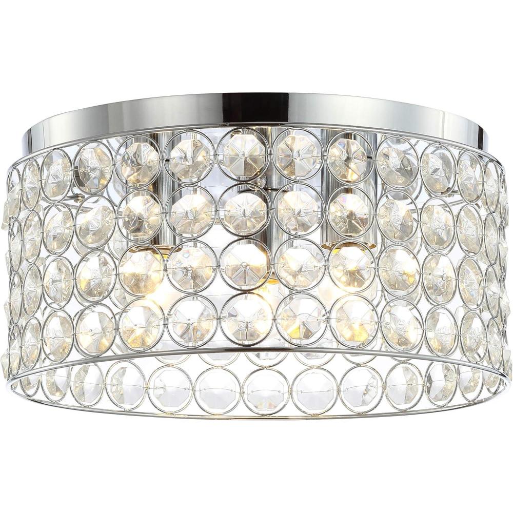 image:imageJONATHAN Y 15 Chrome 3Light Crystal and Iron Flush Mount Glam Modern Drum Ceiling Light Fixture for Hallway Bedroom Bathroom UL Listed LED Bulbs Included JYL6144A