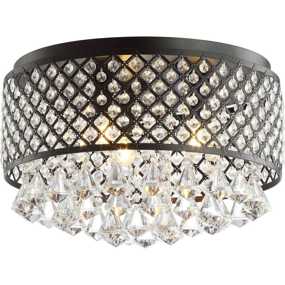 image:imageJONATHAN Y 17 Black LED Flush Mount Ceiling Light 3Light Modern Glam Chandelier for Bedroom Living Room Hallway Dimmable Metal Trellis with Clear Crystal Drops JYL6143ABlackClear