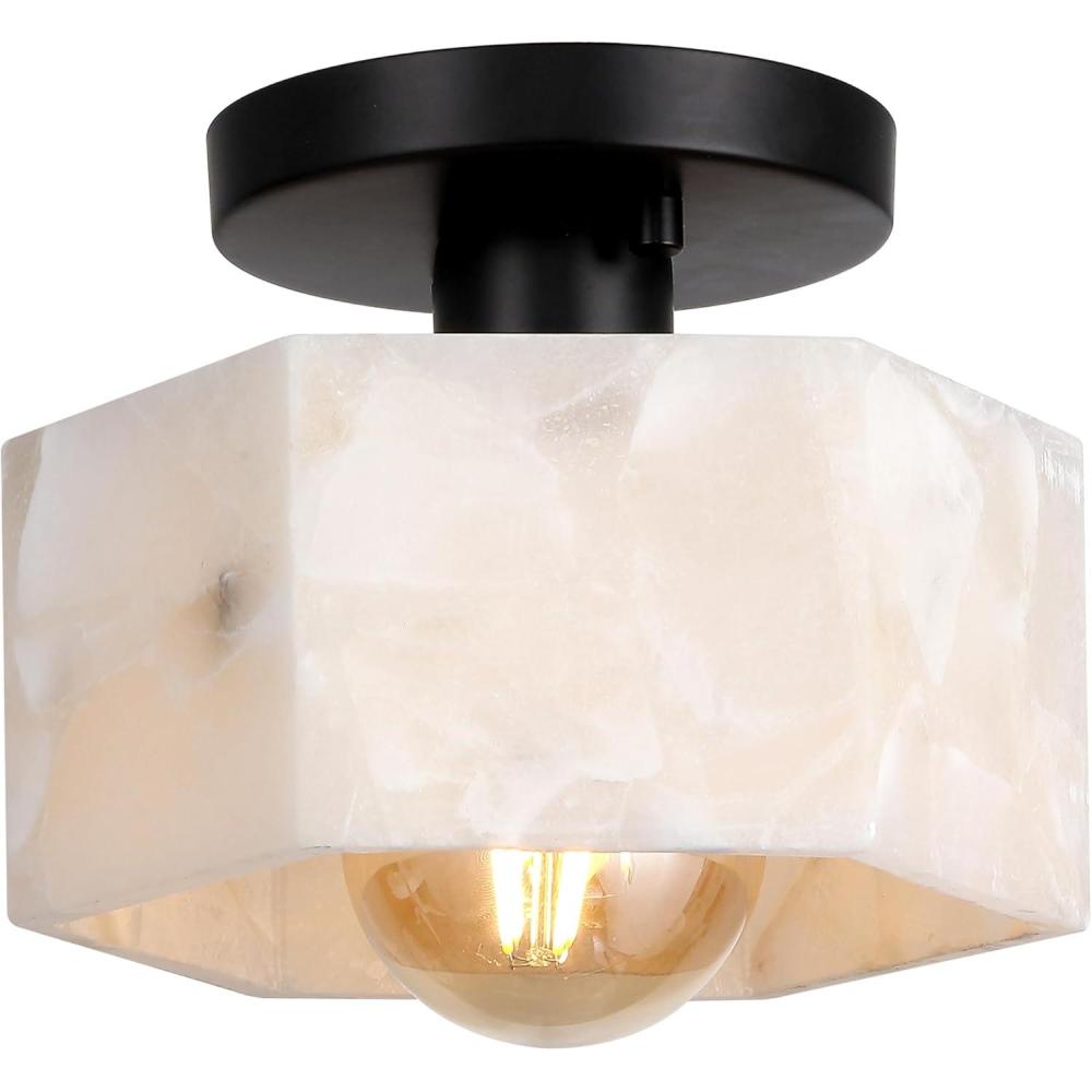 image:imageJONATHAN Y 8 White MarblingBlack Modern 1Light Hexagonal LED Semi Flush Mount Ceiling Light White Alabaster Marble Shade Glam Lamp for Hallway Bedroom Bathroom LED Bulb Included JYL1204BBlack with White Alabaster Shade