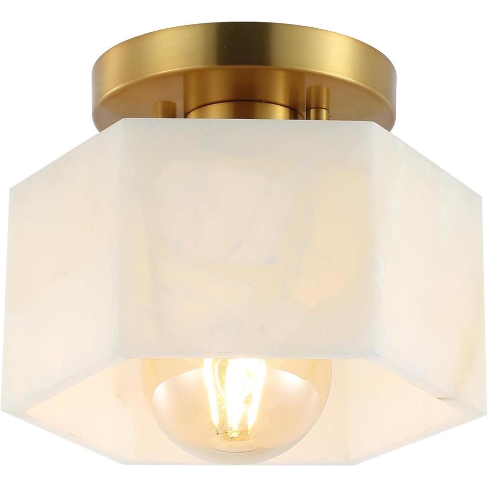 image:imageJONATHAN Y 8 White MarblingBlack Modern 1Light Hexagonal LED Semi Flush Mount Ceiling Light White Alabaster Marble Shade Glam Lamp for Hallway Bedroom Bathroom LED Bulb Included JYL1204BWhite MarblingBrass Gold