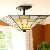 JONATHAN Y 15.7″ White/Cream 2-Light Glass and Metal Tiffany-Style Semi-Flush Mount, Geometric Inverted Pyramid Ceiling Light for Living Room, LED Bulbs Included JYL8027A