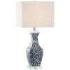 JONATHAN Y 28″ Blue and White Ceramic LED Table Lamp, Chinoiserie Hand-Painted Pattern with Crystal Base, White Square Linen Shade for Bedroom, Living Room, LED Bulb Included JYL5046A