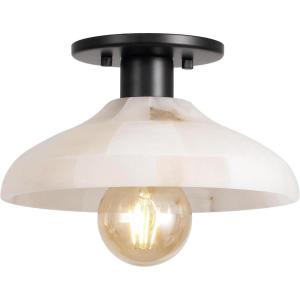 JONATHAN Y 10″ Black/White 1-Light Modern LED Semi Flush Mount Ceiling Fixture, Alabaster Shade for Hallway Bedroom Foyer, Mid-Century Dimmable Lamp, Edison LED Bulb Included (JYL1207B)(White/Black with White Shade)