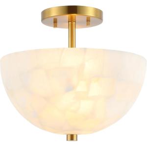 JONATHAN Y 12″ White Marbling/Black Modern 2-Light LED Semi Flush Mount Light, Inverted Dome Ceiling Fixture with White Alabaster Shade for Bedroom, Hallway, LED Bulbs Included (JYL1205B)(White Marbling/Brass Gold)