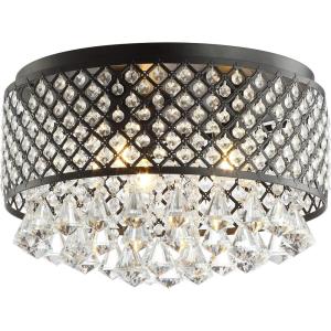 JONATHAN Y 17″ Black LED Flush Mount Ceiling Light, 3-Light Modern Glam Chandelier for Bedroom Living Room Hallway, Dimmable Metal Trellis with Clear Crystal Drops JYL6143A(Black/Clear)