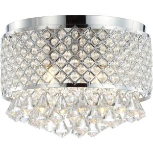 JONATHAN Y 17″ Black LED Flush Mount Ceiling Light, 3-Light Modern Glam Chandelier for Bedroom Living Room Hallway, Dimmable Metal Trellis with Clear Crystal Drops JYL6143A(Chrome/Clear)
