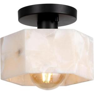 JONATHAN Y 8″ White Marbling/Black Modern 1-Light Hexagonal LED Semi Flush Mount Ceiling Light, White Alabaster Marble Shade, Glam Lamp for Hallway, Bedroom, Bathroom, LED Bulb Included (JYL1204B)(Black with White Alabaster Shade)