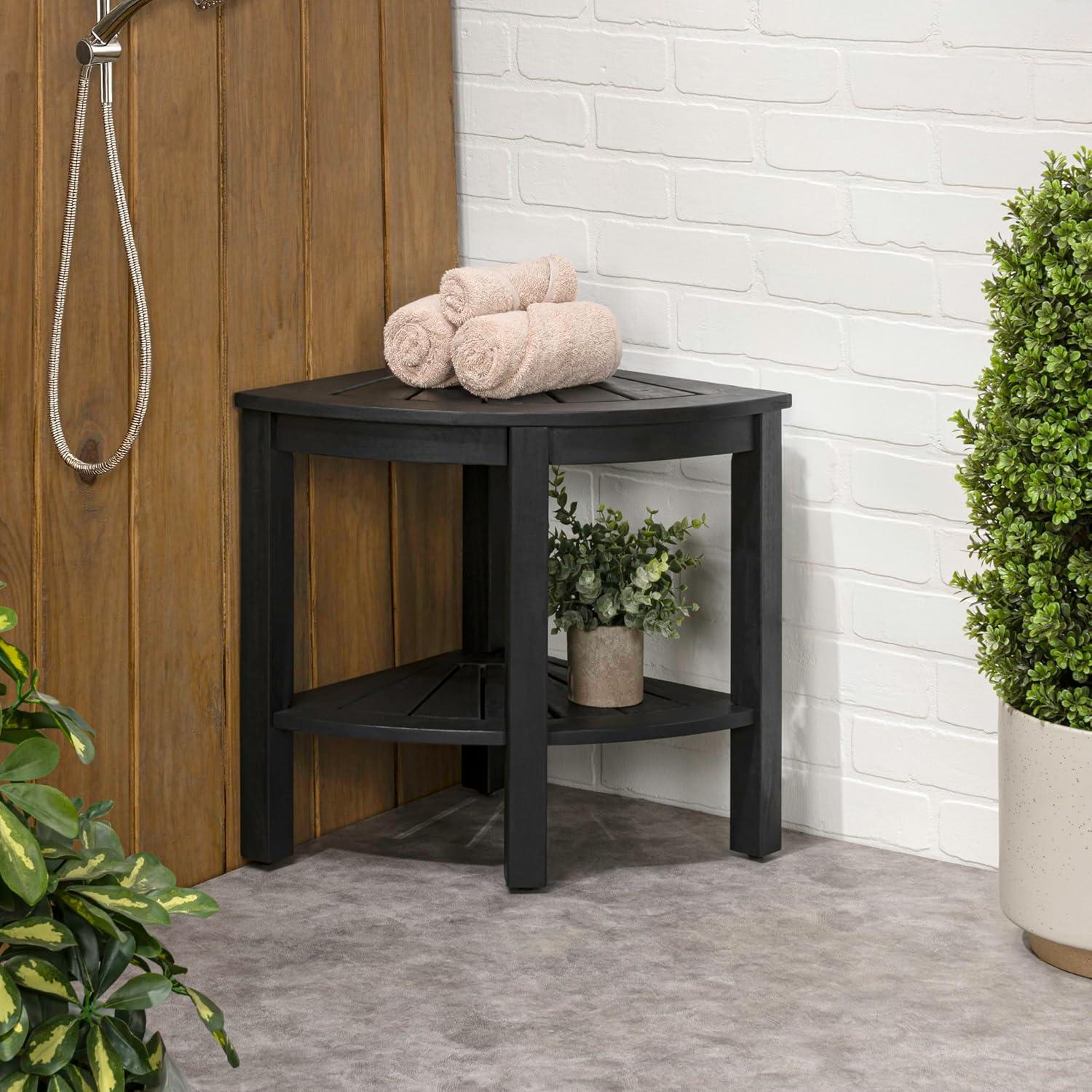 image:imageJONATHAN Y END6002B Maris 18 Classic Coastal Solid Acacia Wood IndoorOutdoor Corner Shower Bench with Shelf BlackBlack