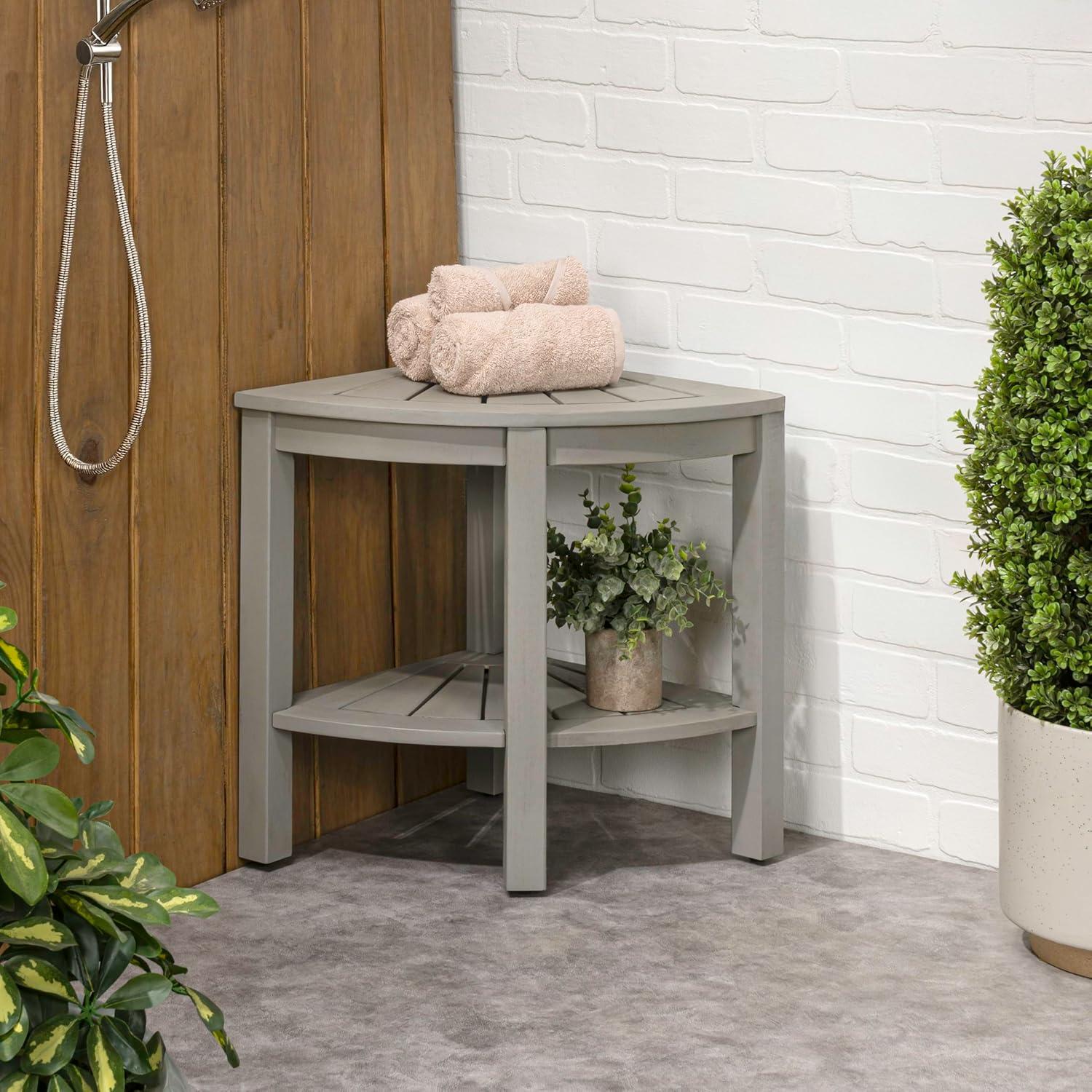 image:imageJONATHAN Y END6002B Maris 18 Classic Coastal Solid Acacia Wood IndoorOutdoor Corner Shower Bench with Shelf BlackGrey