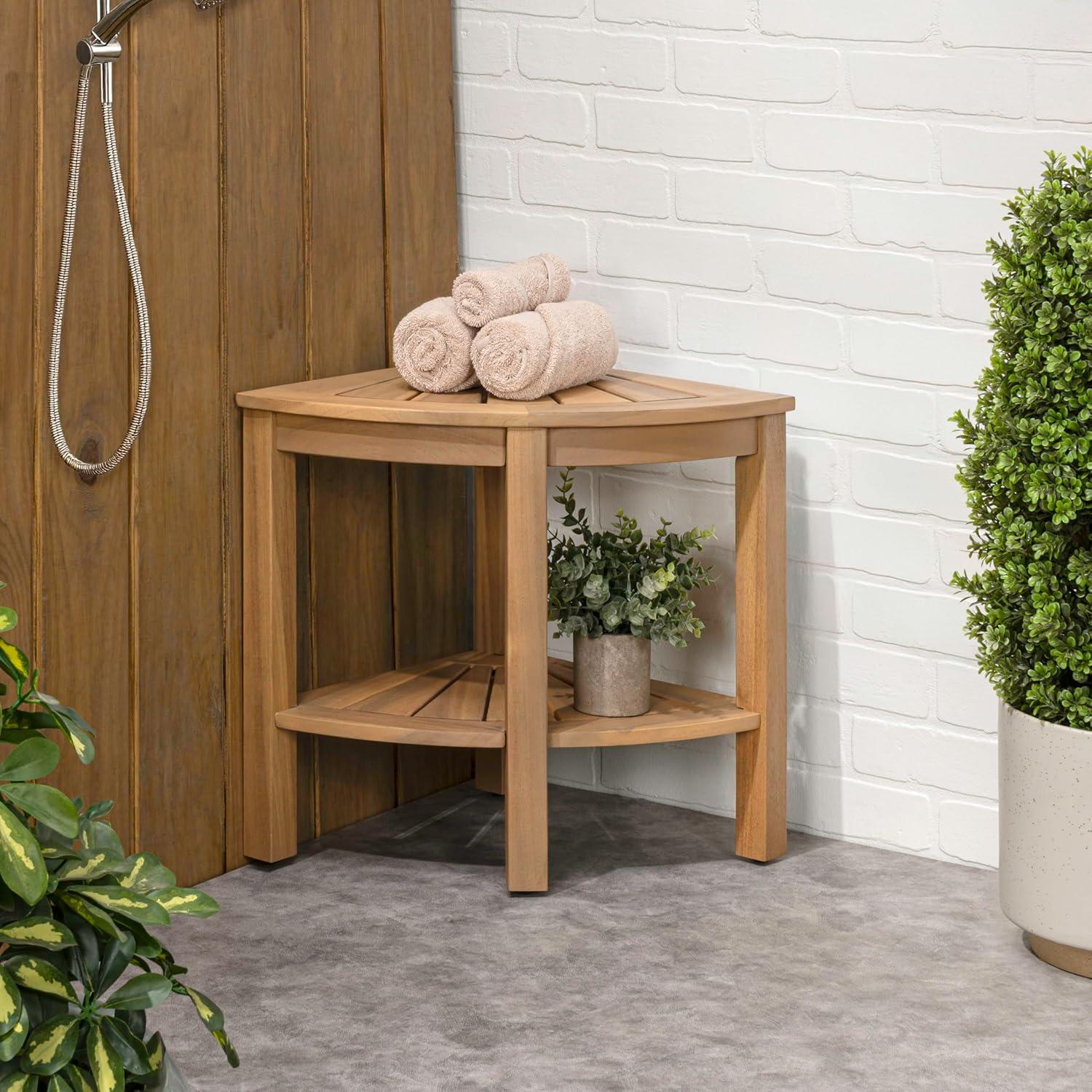 image:imageJONATHAN Y END6002B Maris 18 Classic Coastal Solid Acacia Wood IndoorOutdoor Corner Shower Bench with Shelf BlackLight Teak