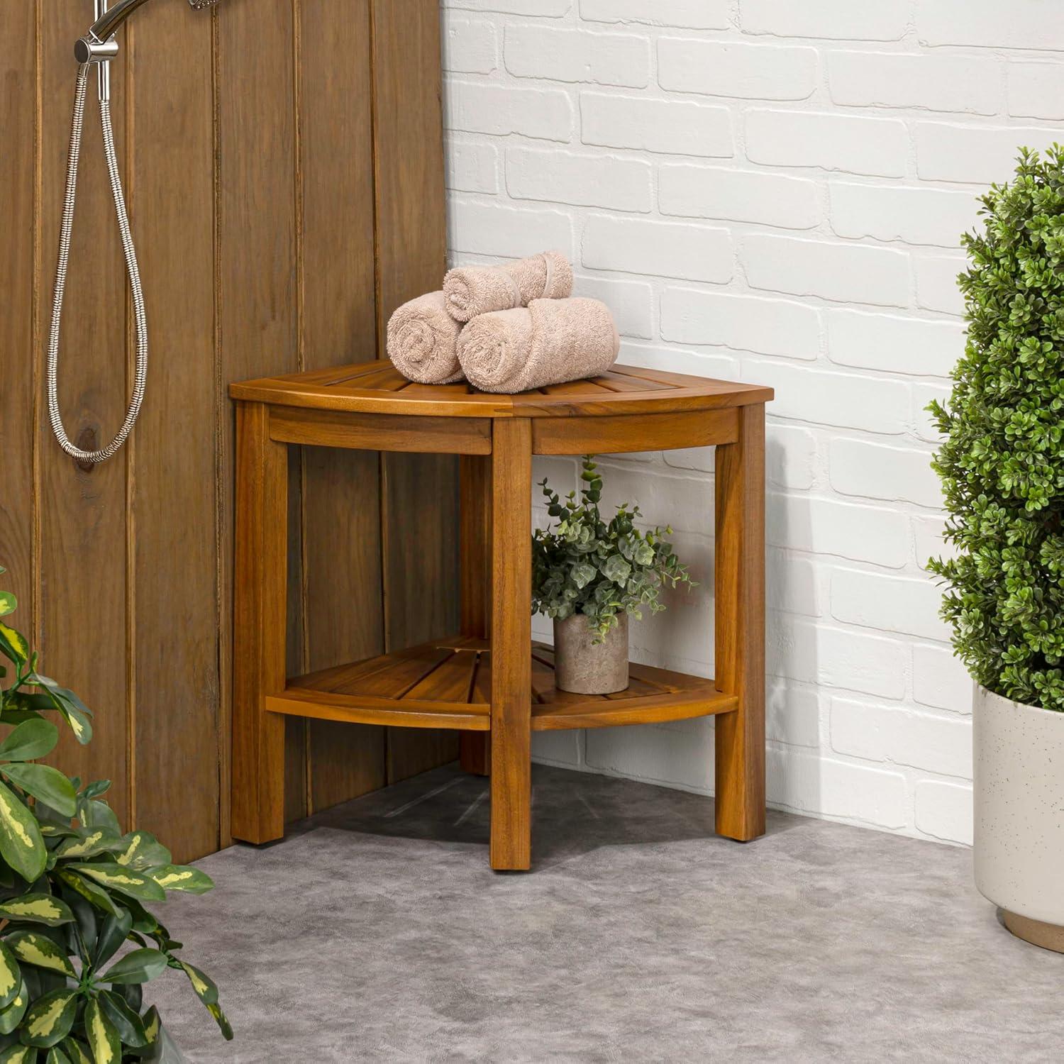 image:imageJONATHAN Y END6002B Maris 18 Classic Coastal Solid Acacia Wood IndoorOutdoor Corner Shower Bench with Shelf BlackNatural