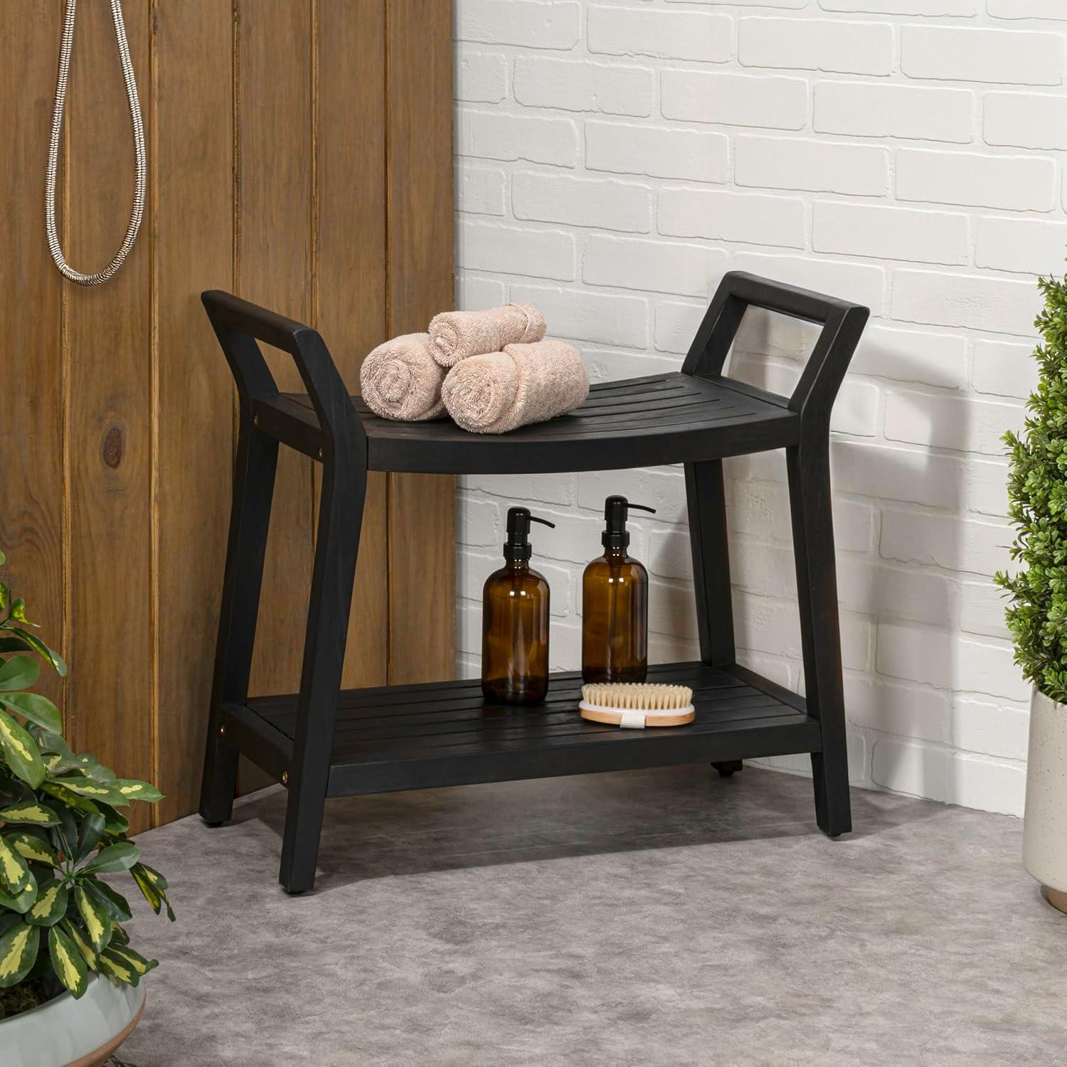 image:imageJONATHAN Y STL1000T Orla 256 Modern Classic Slatted Solid Acacia Wood IndoorOutdoor Shower Bench with Shelf and Handle Light TeakBlack