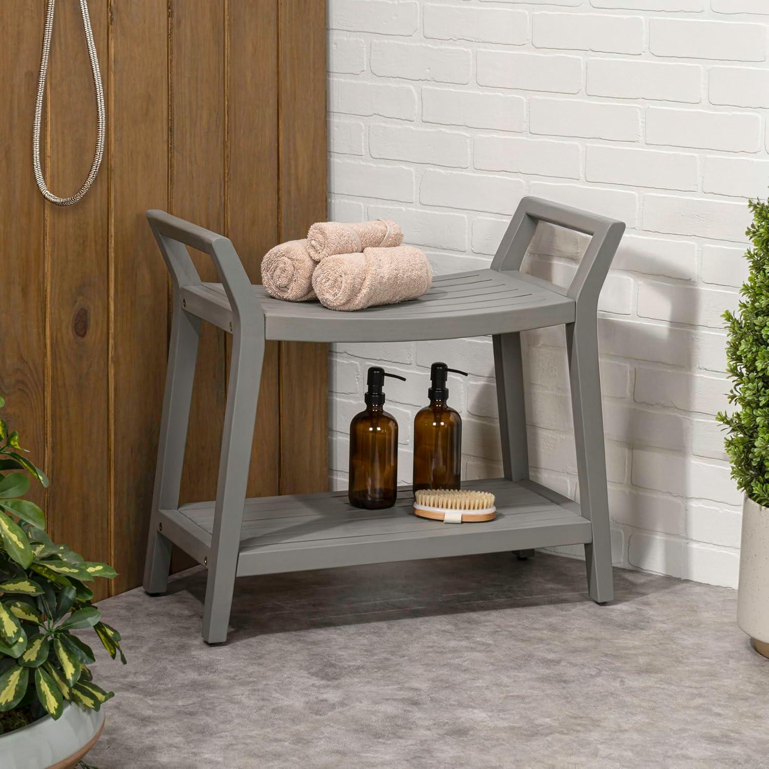 image:imageJONATHAN Y STL1000T Orla 256 Modern Classic Slatted Solid Acacia Wood IndoorOutdoor Shower Bench with Shelf and Handle Light TeakGrey