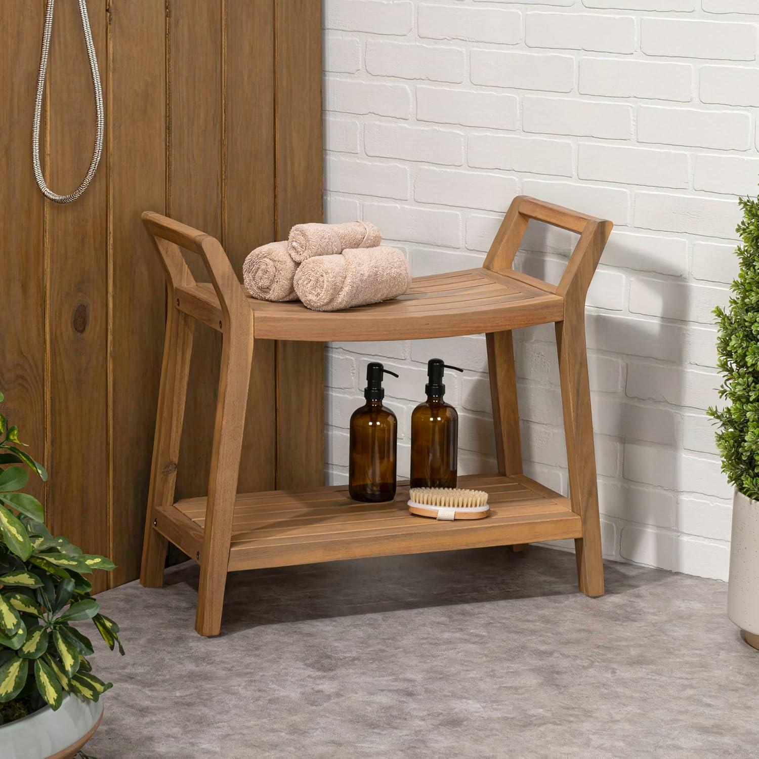 image:imageJONATHAN Y STL1000T Orla 256 Modern Classic Slatted Solid Acacia Wood IndoorOutdoor Shower Bench with Shelf and Handle Light TeakLight Teak