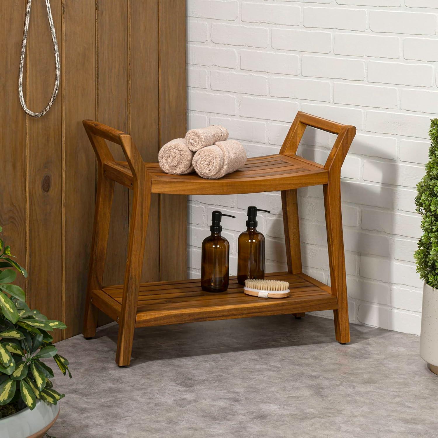 image:imageJONATHAN Y STL1000T Orla 256 Modern Classic Slatted Solid Acacia Wood IndoorOutdoor Shower Bench with Shelf and Handle Light TeakNatural