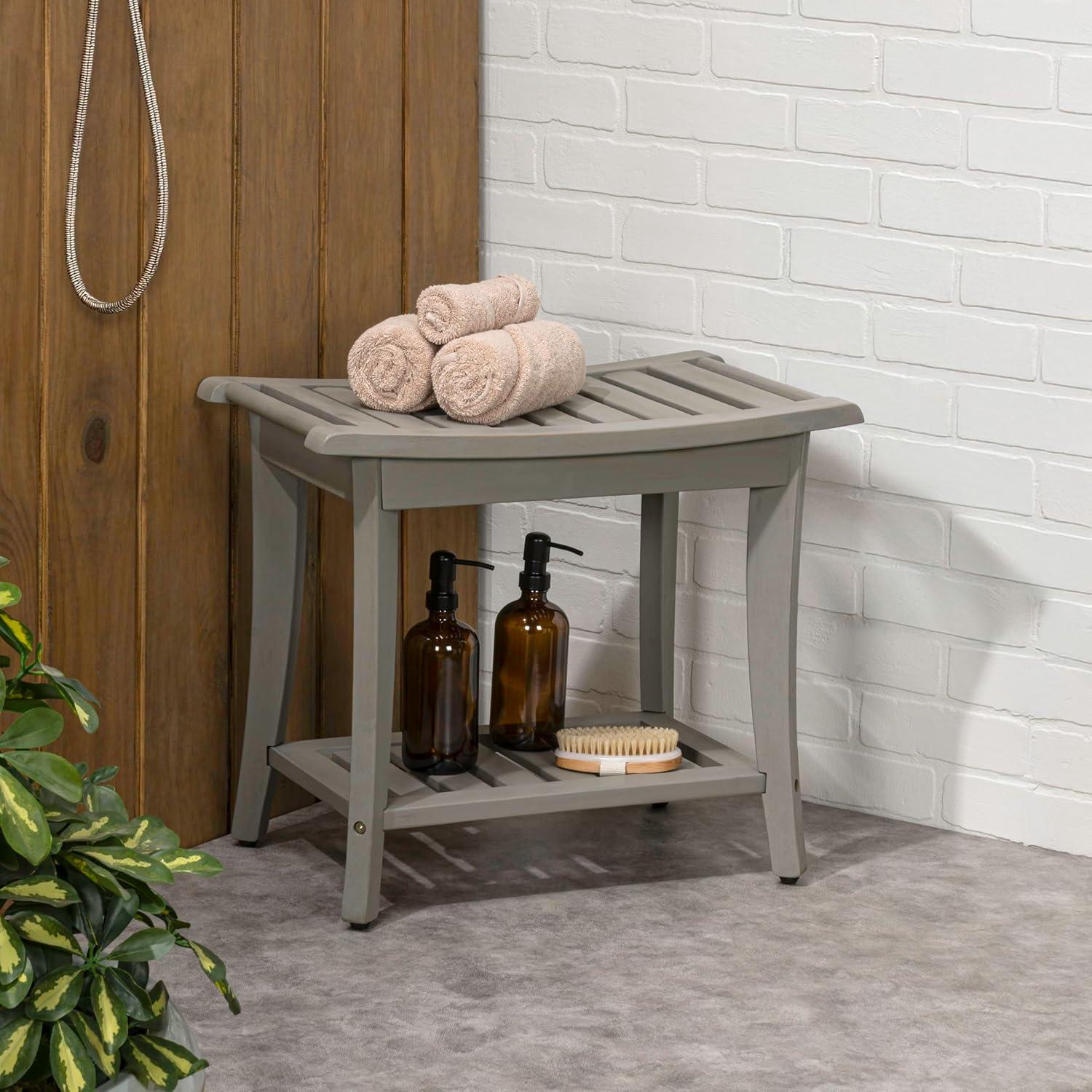 image:imageJONATHAN Y STL1001G Tucker 221 Traditional Classic Slatted Solid Acacia Wood IndoorOutdoor Shower Bench with Shelf and Handle GrayGrey