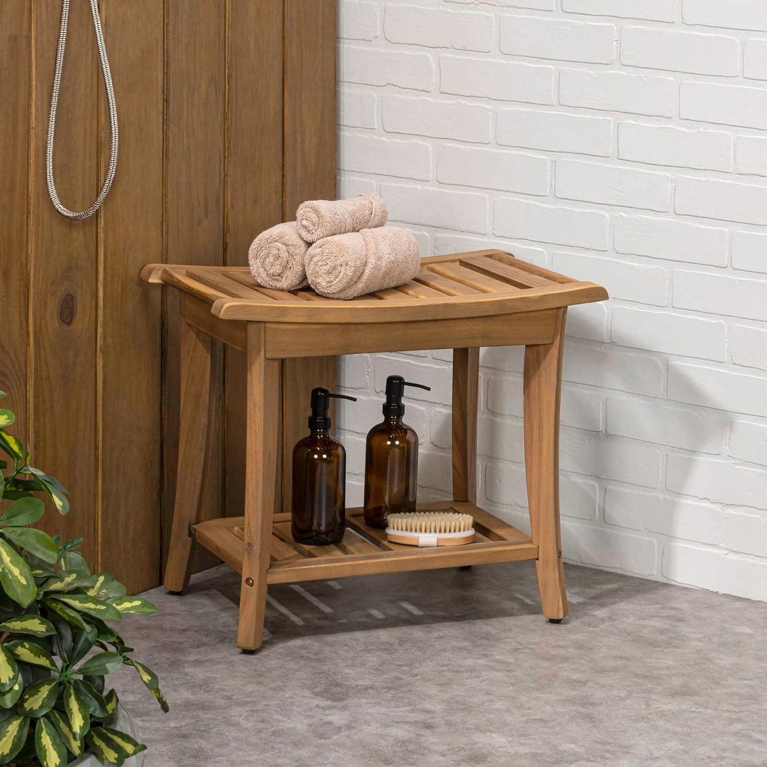 image:imageJONATHAN Y STL1001G Tucker 221 Traditional Classic Slatted Solid Acacia Wood IndoorOutdoor Shower Bench with Shelf and Handle GrayLight Teak