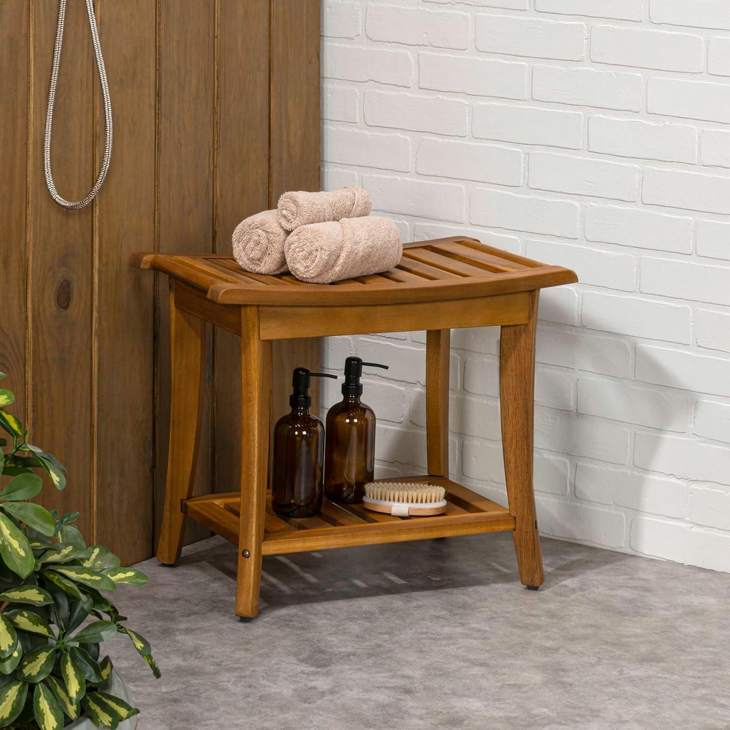 image:imageJONATHAN Y STL1001G Tucker 221 Traditional Classic Slatted Solid Acacia Wood IndoorOutdoor Shower Bench with Shelf and Handle GrayNatural