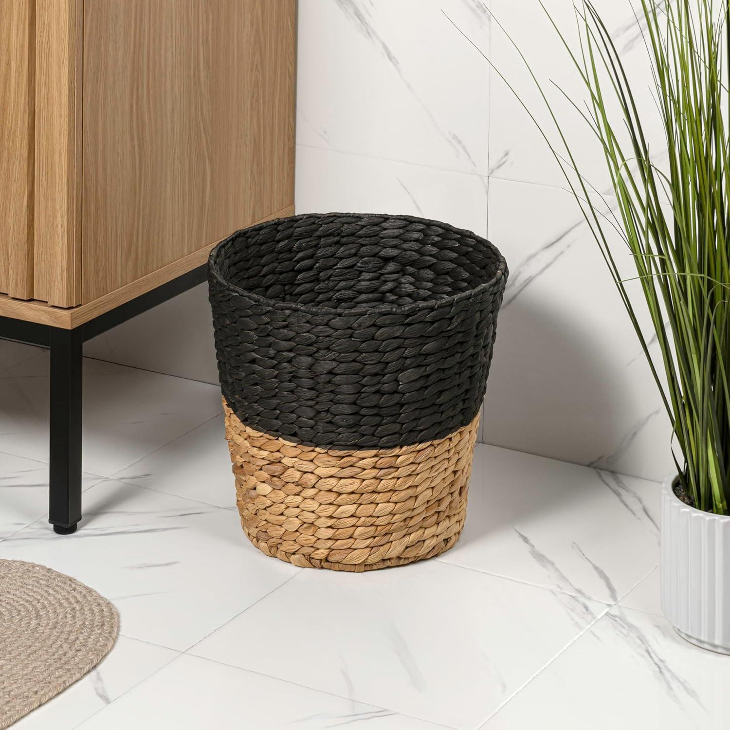 image:imagehappimess HPM1403CSET2 Toby Contemporary Bohemian TwoTone Handwoven Water Hyacinth 31Gallon Tapered Round Wicker Watebasket BlackNatural Set of 2BlackNatural