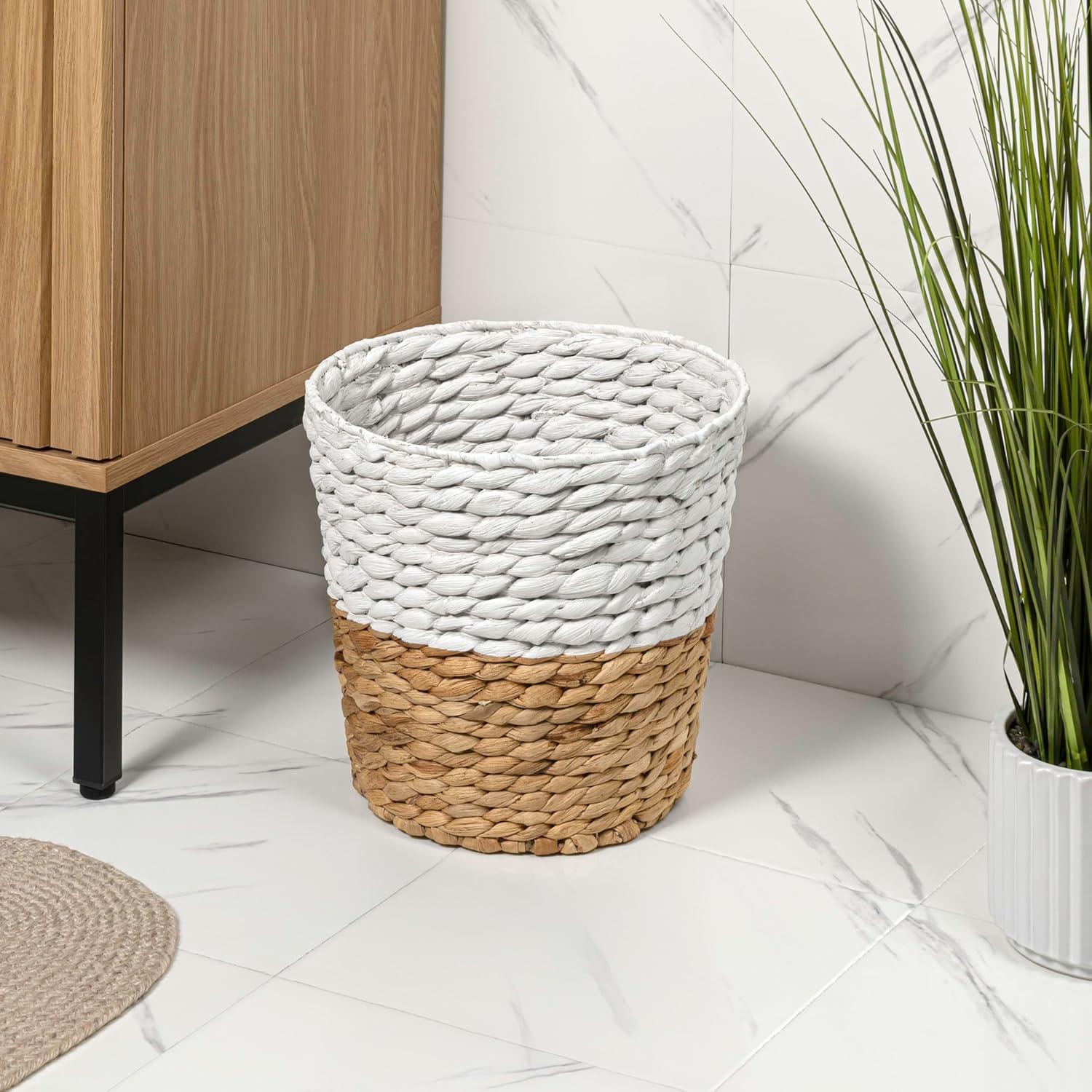 image:imagehappimess HPM1403CSET2 Toby Contemporary Bohemian TwoTone Handwoven Water Hyacinth 31Gallon Tapered Round Wicker Watebasket BlackNatural Set of 2WhiteNatural