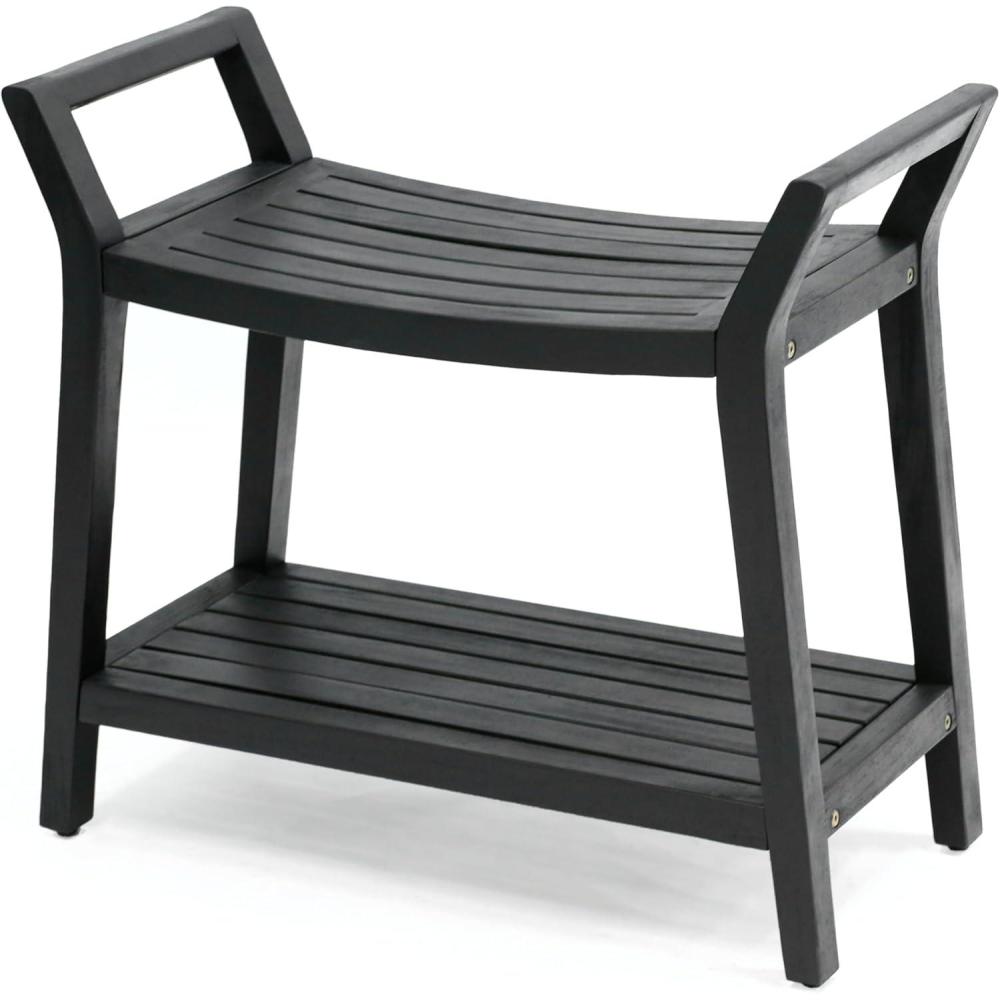 image:imageJONATHAN Y STL1000T Orla 256 Modern Classic Slatted Solid Acacia Wood IndoorOutdoor Shower Bench with Shelf and Handle Light TeakBlack