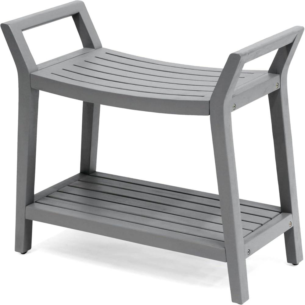 image:imageJONATHAN Y STL1000T Orla 256 Modern Classic Slatted Solid Acacia Wood IndoorOutdoor Shower Bench with Shelf and Handle Light TeakGrey