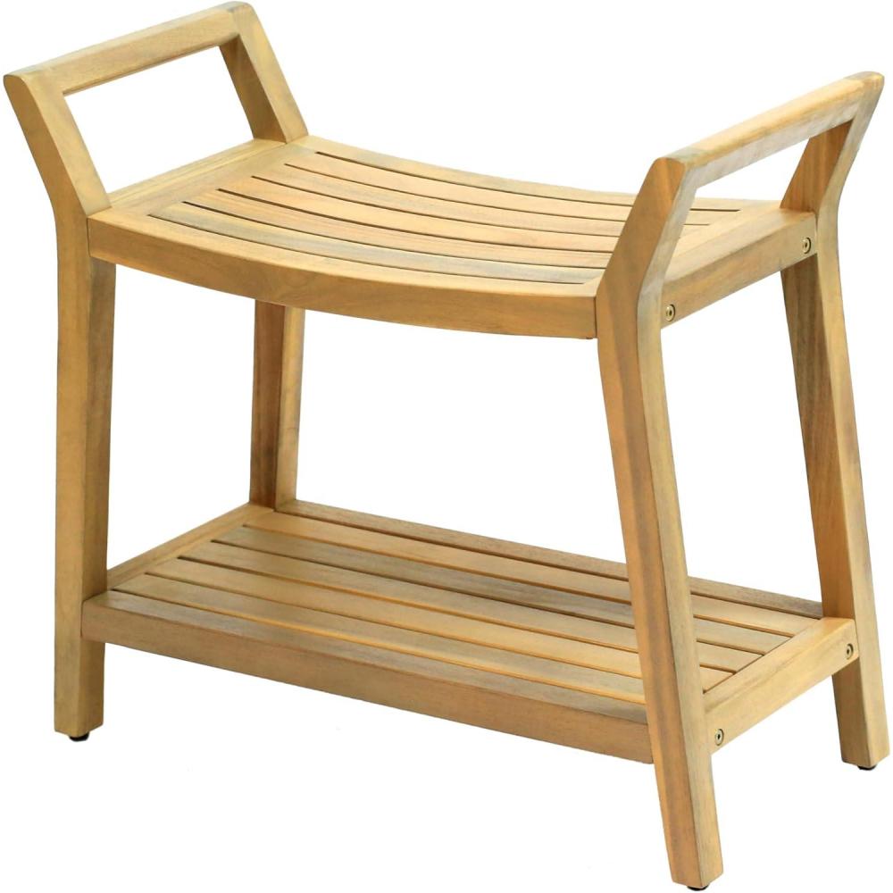image:imageJONATHAN Y STL1000T Orla 256 Modern Classic Slatted Solid Acacia Wood IndoorOutdoor Shower Bench with Shelf and Handle Light TeakLight Teak