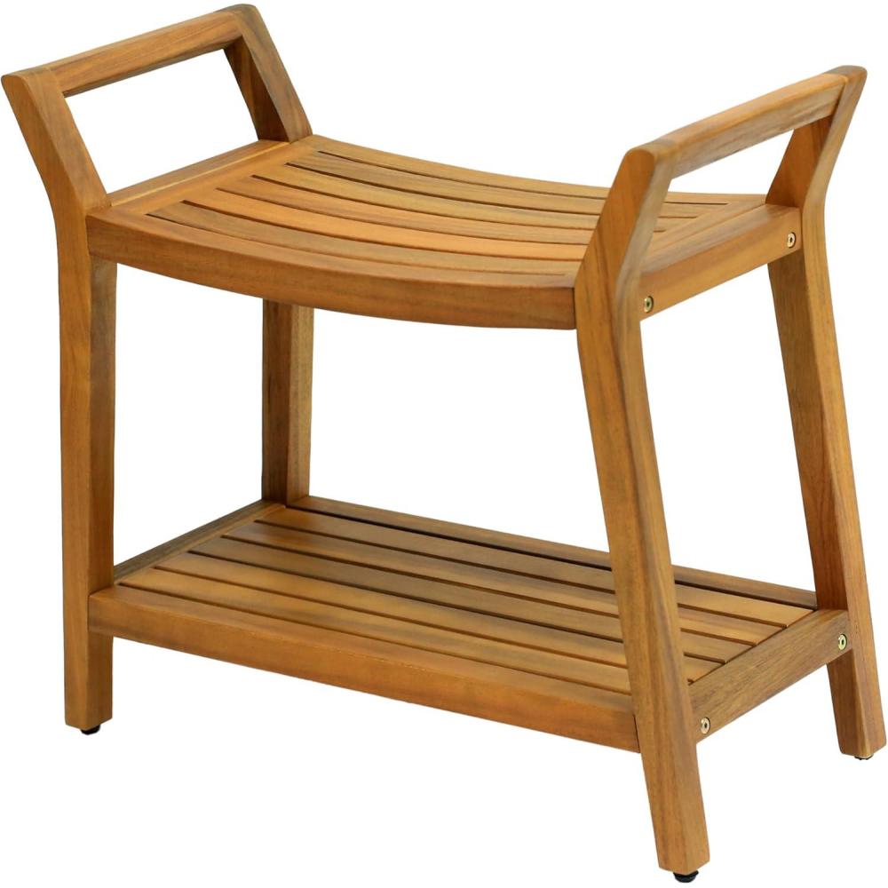 image:imageJONATHAN Y STL1000T Orla 256 Modern Classic Slatted Solid Acacia Wood IndoorOutdoor Shower Bench with Shelf and Handle Light TeakNatural