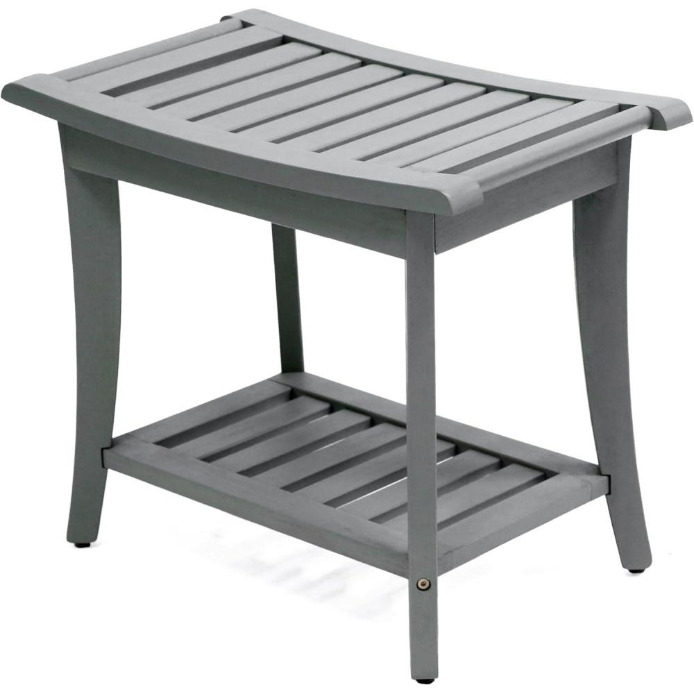 image:imageJONATHAN Y STL1001G Tucker 221 Traditional Classic Slatted Solid Acacia Wood IndoorOutdoor Shower Bench with Shelf and Handle GrayGrey