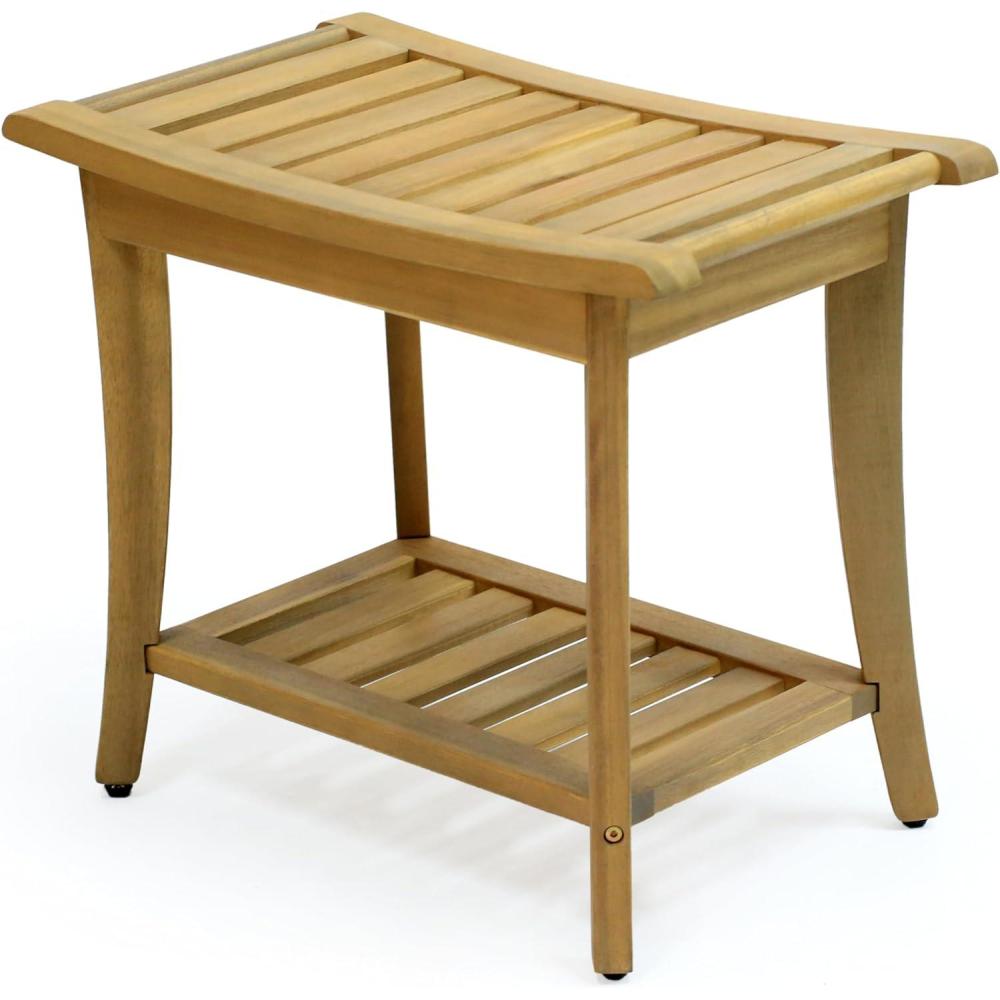image:imageJONATHAN Y STL1001G Tucker 221 Traditional Classic Slatted Solid Acacia Wood IndoorOutdoor Shower Bench with Shelf and Handle GrayLight Teak