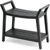JONATHAN Y STL1000T Orla 25.6″ Modern Classic Slatted Solid Acacia Wood Indoor/Outdoor Shower Bench with Shelf and Handle, Light Teak(Black)