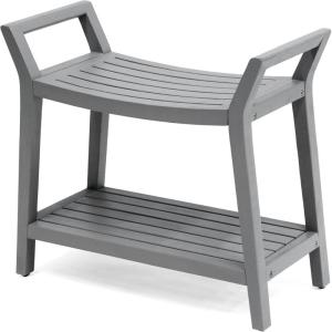 JONATHAN Y STL1000T Orla 25.6″ Modern Classic Slatted Solid Acacia Wood Indoor/Outdoor Shower Bench with Shelf and Handle, Light Teak(Grey)