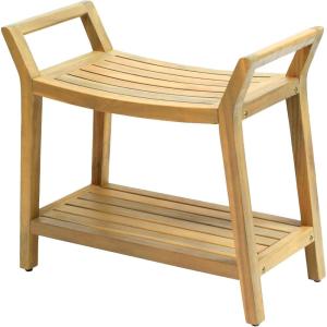 JONATHAN Y STL1000T Orla 25.6″ Modern Classic Slatted Solid Acacia Wood Indoor/Outdoor Shower Bench with Shelf and Handle, Light Teak(Light Teak)
