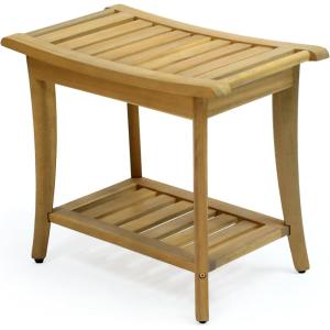 JONATHAN Y STL1001G Tucker 22.1″ Traditional Classic Slatted Solid Acacia Wood Indoor/Outdoor Shower Bench with Shelf and Handle, Gray(Light Teak)