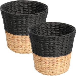 happimess HPM1403C-SET2 Toby Contemporary Bohemian Two-Tone Handwoven Water Hyacinth 3.1-Gallon Tapered Round Wicker Watebasket, Black/Natural (Set of 2)(Black/Natural)