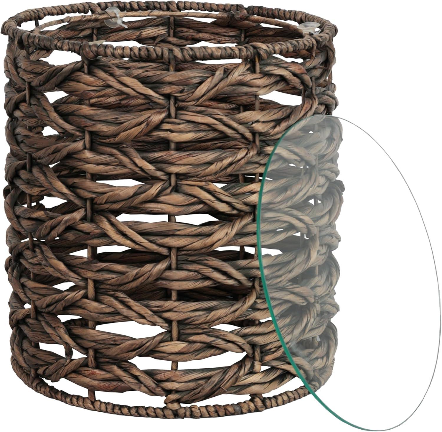 image:imageJONATHAN Y Malaya 16 Bohemian Coastal Handwoven Water Hyacinth Open Weave Round End Table with Glass Top Brown TBL2508BBrown