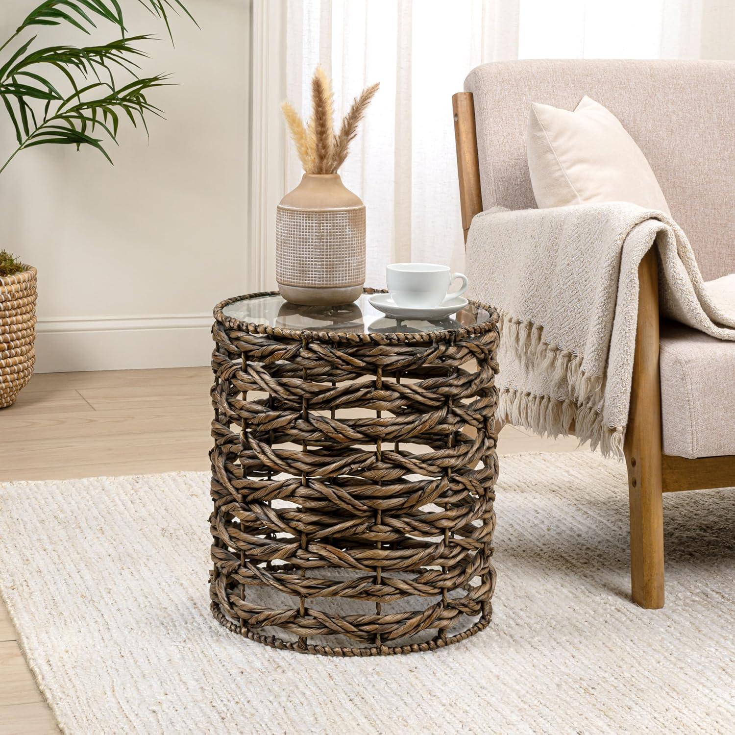 image:imageJONATHAN Y Malaya 16 Bohemian Coastal Handwoven Water Hyacinth Open Weave Round End Table with Glass Top Brown TBL2508BBrown