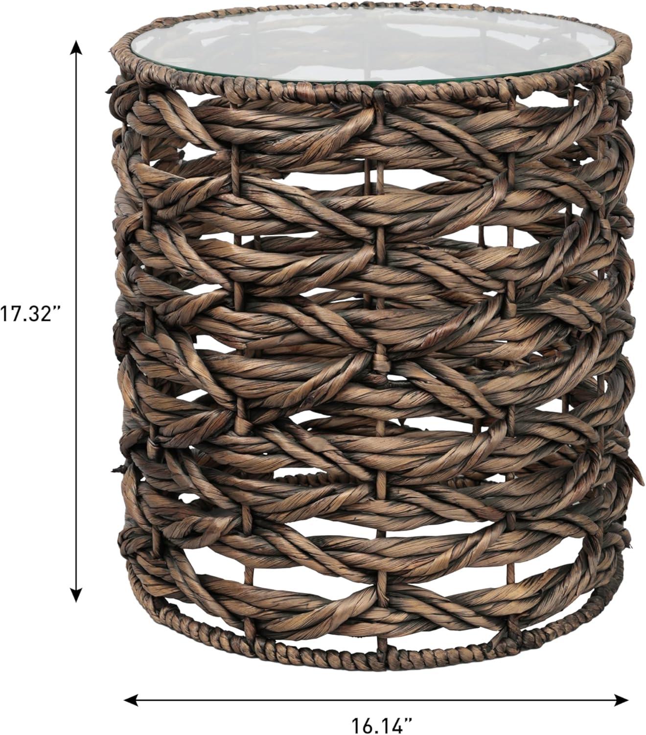 image:imageJONATHAN Y Malaya 16 Bohemian Coastal Handwoven Water Hyacinth Open Weave Round End Table with Glass Top Brown TBL2508BBrown