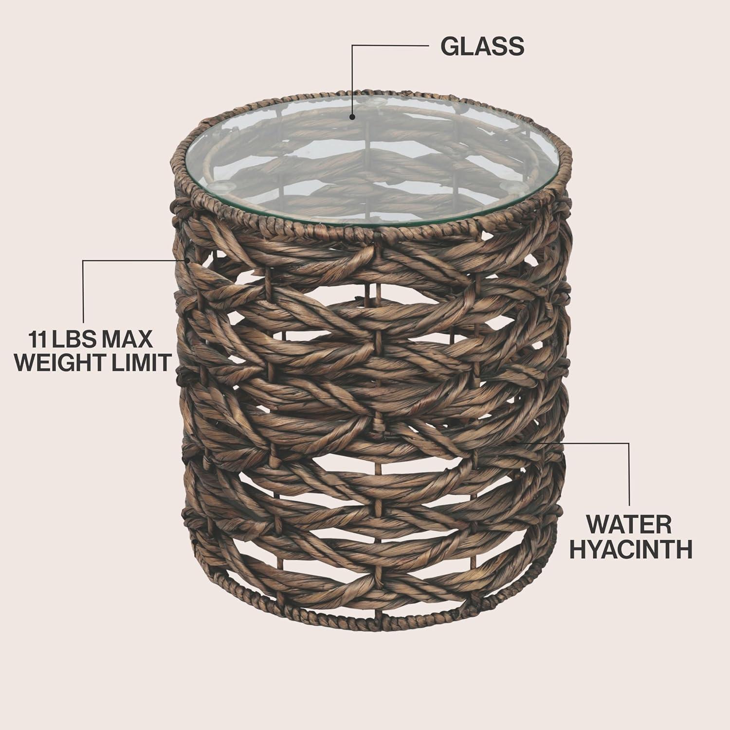 image:imageJONATHAN Y Malaya 16 Bohemian Coastal Handwoven Water Hyacinth Open Weave Round End Table with Glass Top Brown TBL2508BBrown