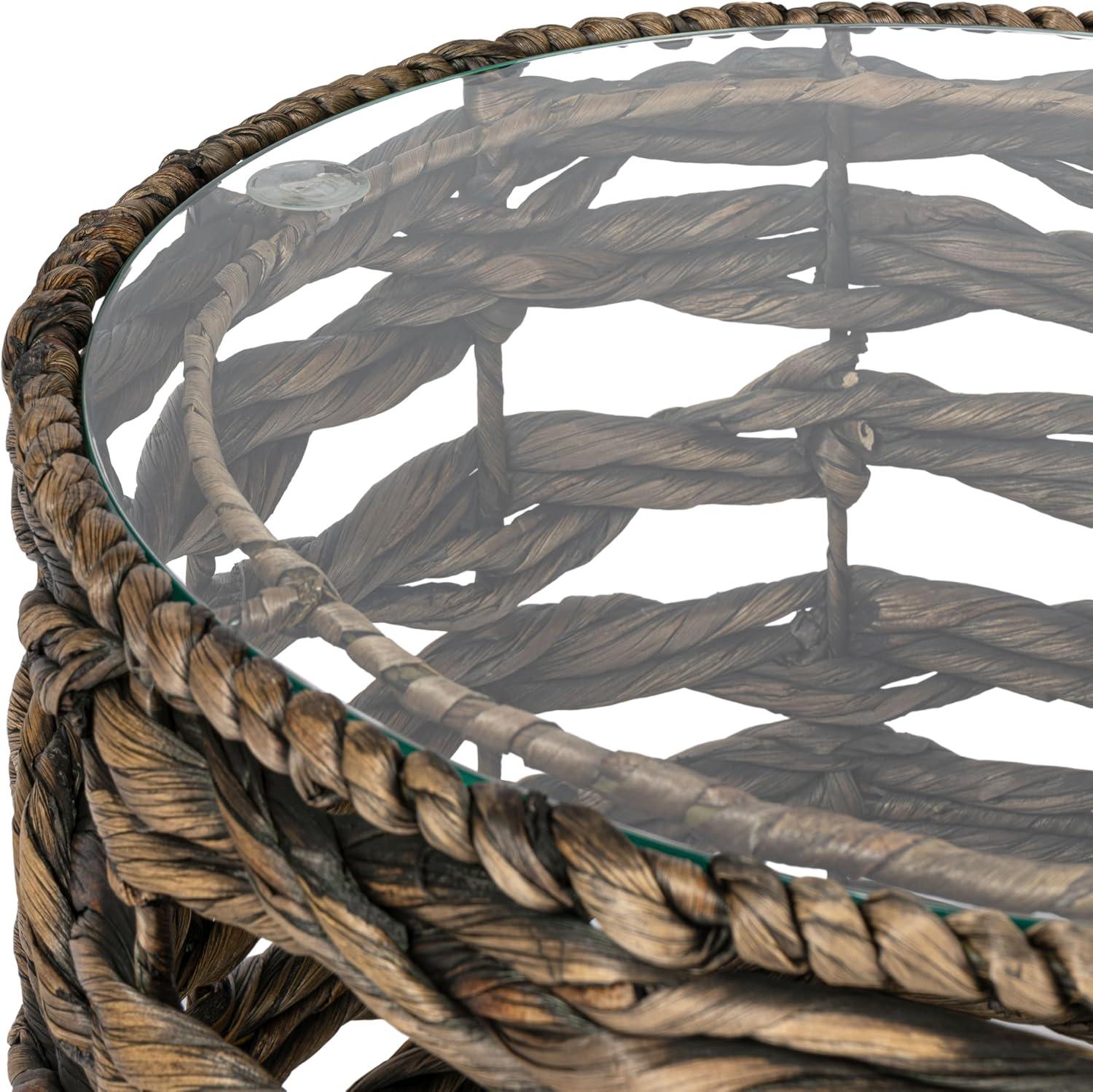 image:imageJONATHAN Y Malaya 16 Bohemian Coastal Handwoven Water Hyacinth Open Weave Round End Table with Glass Top Brown TBL2508BBrown