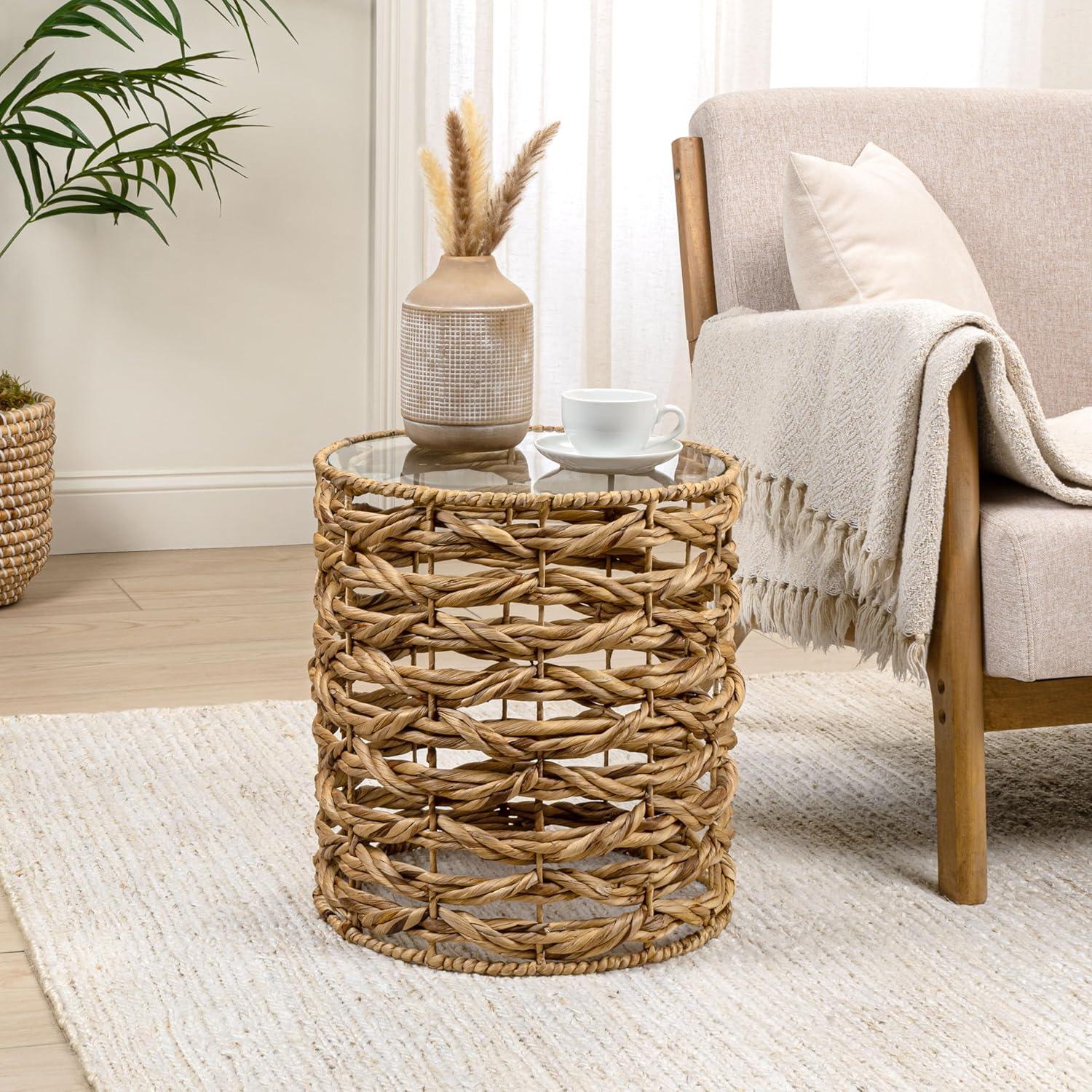 image:imageJONATHAN Y Malaya 16 Bohemian Coastal Handwoven Water Hyacinth Open Weave Round End Table with Glass Top Brown TBL2508BNatural