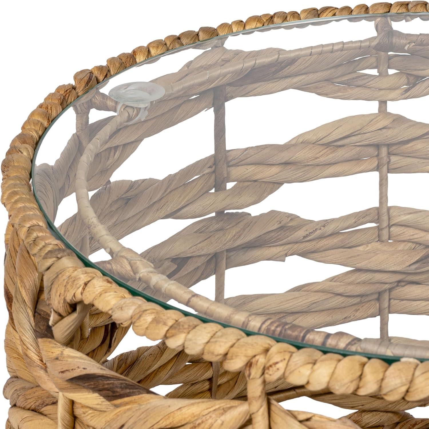 image:imageJONATHAN Y Malaya 16 Bohemian Coastal Handwoven Water Hyacinth Open Weave Round End Table with Glass Top Brown TBL2508BNatural