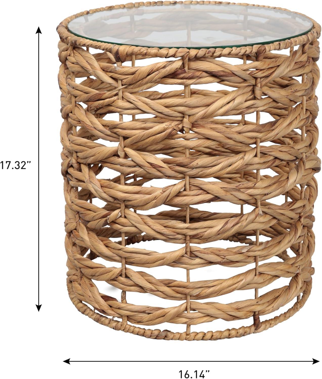 image:imageJONATHAN Y Malaya 16 Bohemian Coastal Handwoven Water Hyacinth Open Weave Round End Table with Glass Top Brown TBL2508BNatural