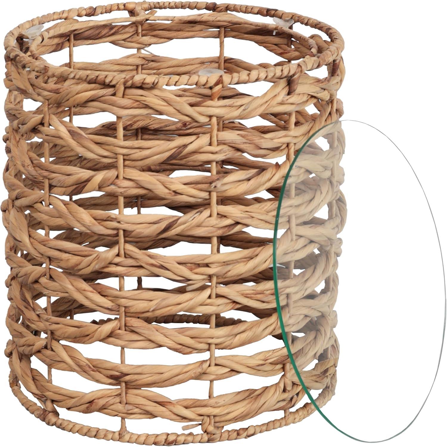 image:imageJONATHAN Y Malaya 16 Bohemian Coastal Handwoven Water Hyacinth Open Weave Round End Table with Glass Top Brown TBL2508BNatural