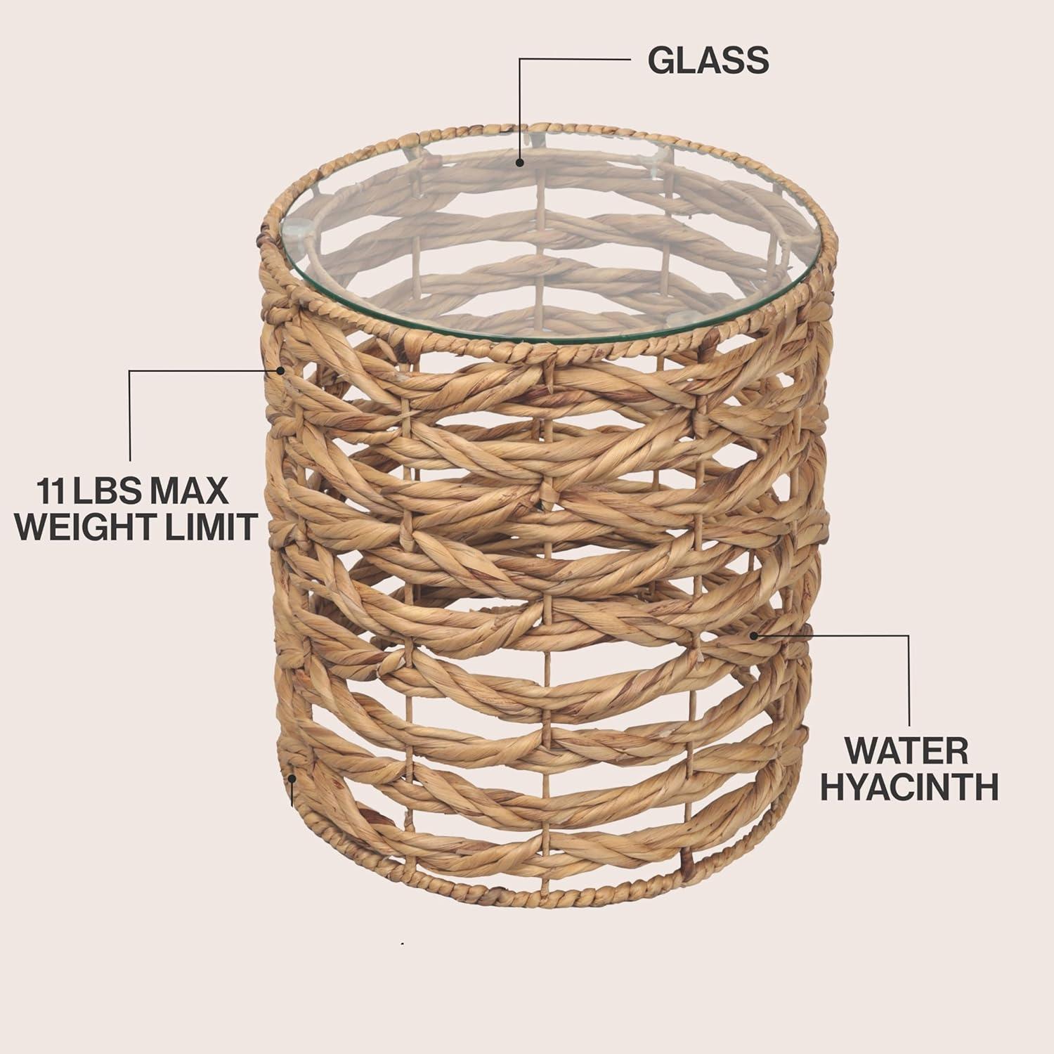 image:imageJONATHAN Y Malaya 16 Bohemian Coastal Handwoven Water Hyacinth Open Weave Round End Table with Glass Top Brown TBL2508BNatural