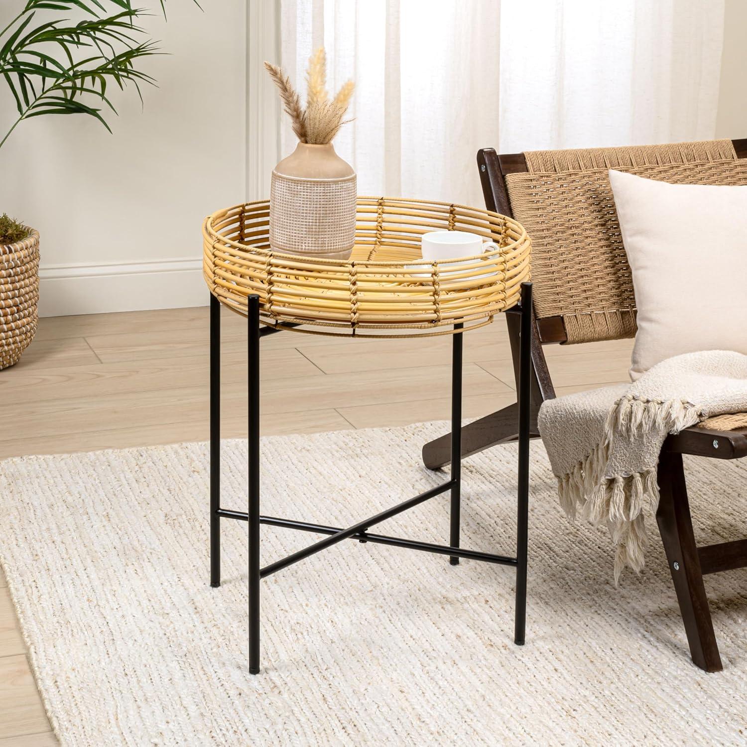 image:imageJONATHAN Y Malia 20 Coastal Bohemian Faux Rattan Round Tray End Table with Metal Base Brown TBL2509BNatural
