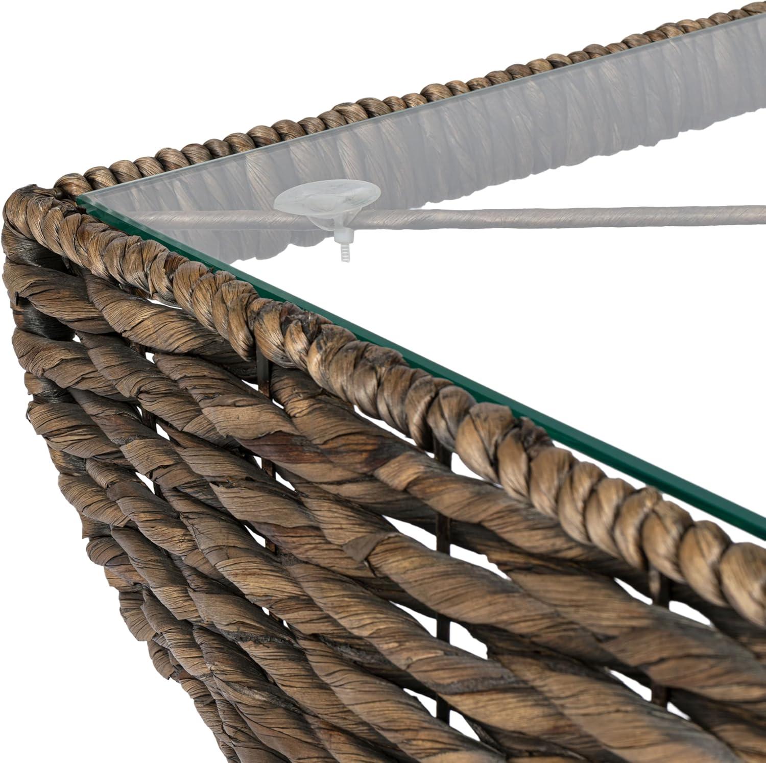 image:imageJONATHAN Y Suraya 14 Coastal Bohemian Handwoven Water Hyacinth Sculptural Twisted End Table with Glass Top and Storage Shelf Natural TBL2506ABrown